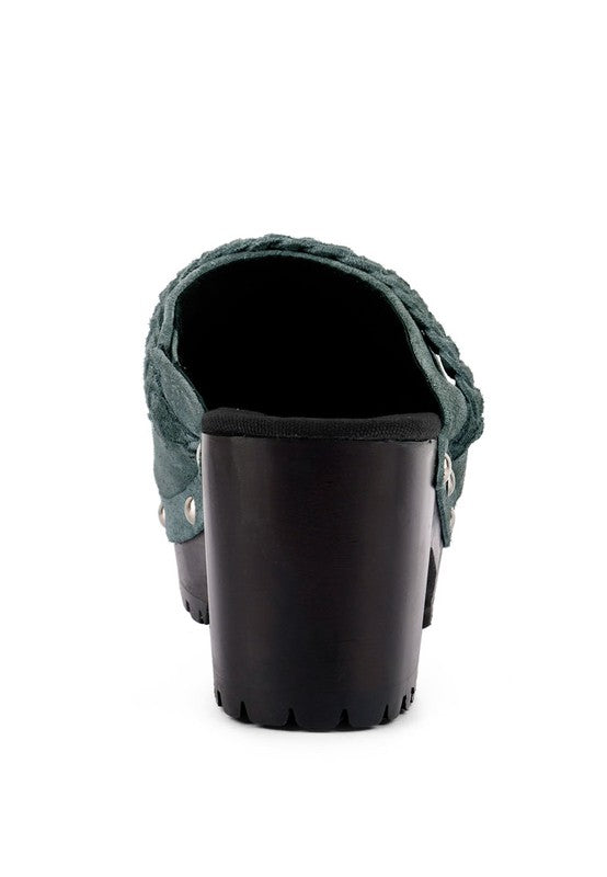 Women's Seaweed Green Suede Leather Block Heeled Clogs