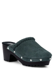 Women's Seaweed Green Suede Leather Block Heeled Clogs