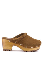 Women's Seaweed Green Suede Leather Block Heeled Clogs
