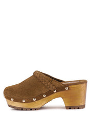 Women's Seaweed Green Suede Leather Block Heeled Clogs