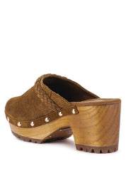 Women's Seaweed Green Suede Leather Block Heeled Clogs