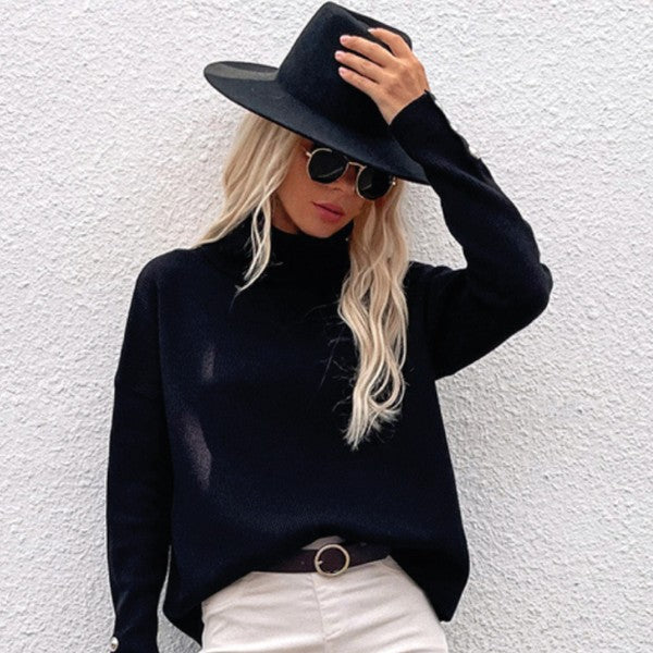 Women's Loose Fit Turtleneck Sweater with Button Details