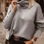 Women's Loose Fit Turtleneck Sweater with Button Details