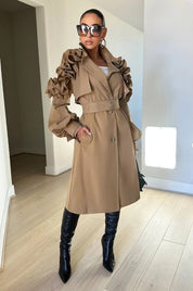 Women's Khaki Ruffle Sleeve Trench Coat