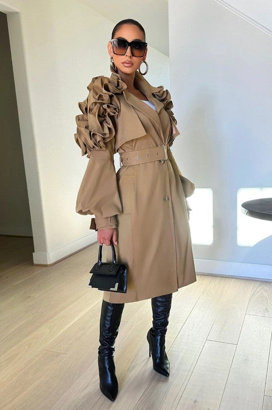 Women's Khaki Ruffle Sleeve Trench Coat