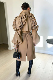 Women's Khaki Ruffle Sleeve Long Trench Coat