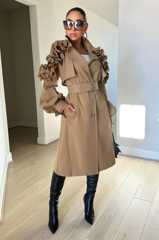 Women's Khaki Ruffle Sleeve Long Trench Coat