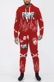 Women's Flame Print Chenille Hoodie and Sweat Pant Set