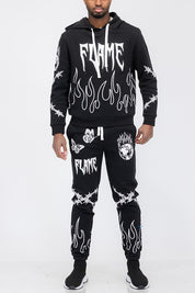 Women's Flame Print Chenille Hoodie and Sweat Pant Set