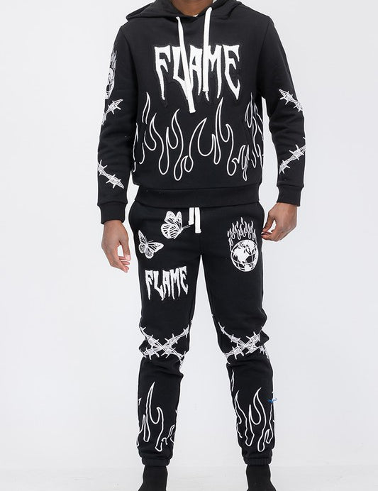 Women's Flame Print Chenille Hoodie and Sweat Pant Set