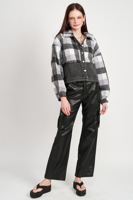 Women's Fleece Denim Plaid Jacket