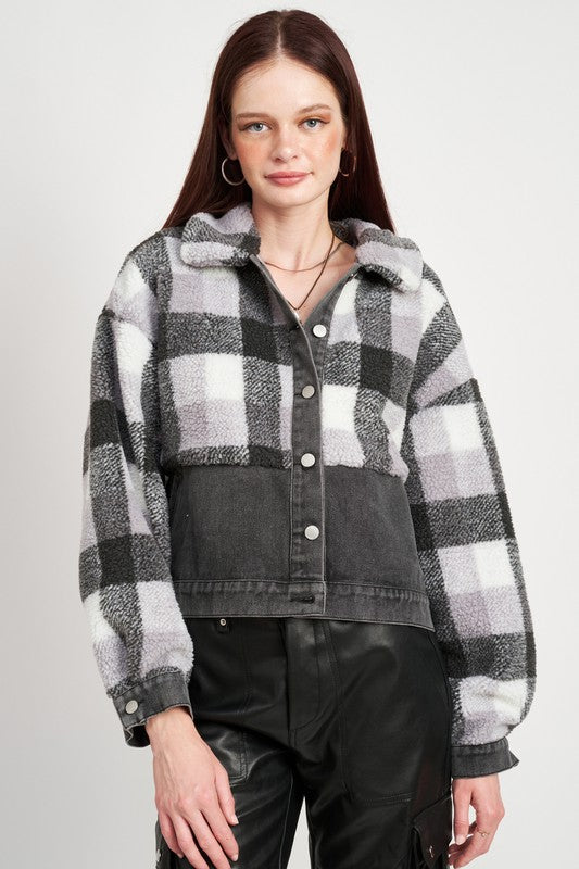 Women's Fleece Denim Plaid Jacket