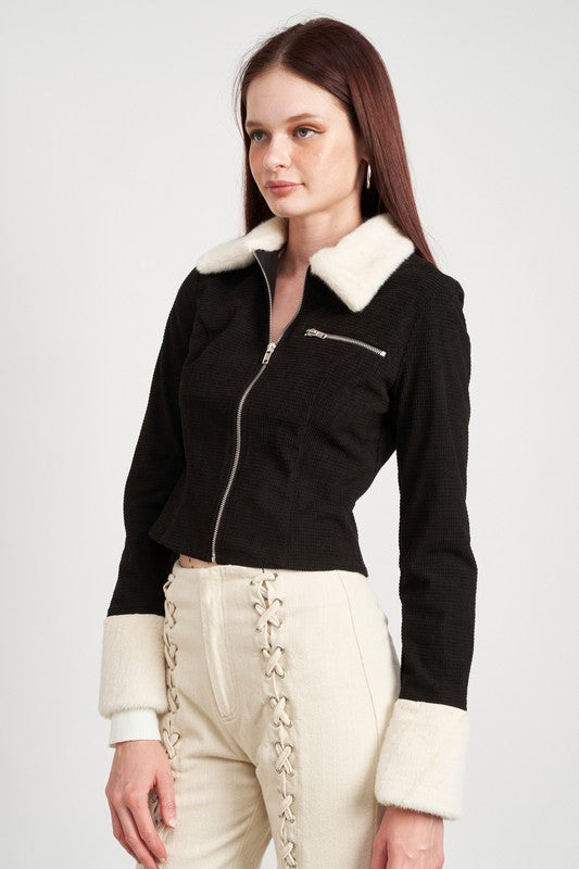 Women's Cropped Jacket with Contrasted Collar and Cuffs