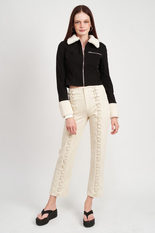 Women's Cropped Jacket with Contrasted Collar and Cuffs