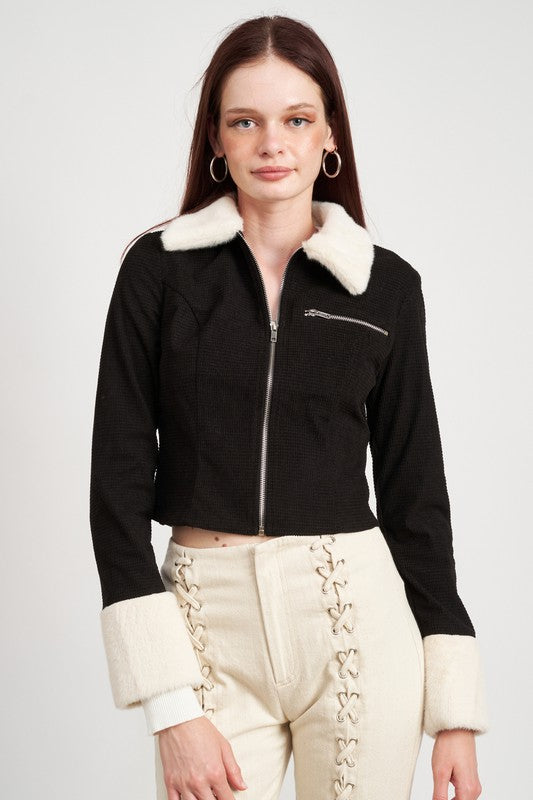 Women's Cropped Jacket with Contrasted Collar and Cuffs