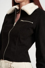 Women's Cropped Jacket with Contrasted Collar and Cuffs