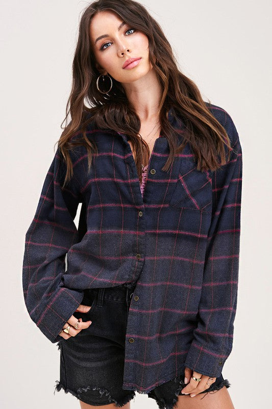 Women's Oversized Plaid Long Sleeve Button-Up Shirt