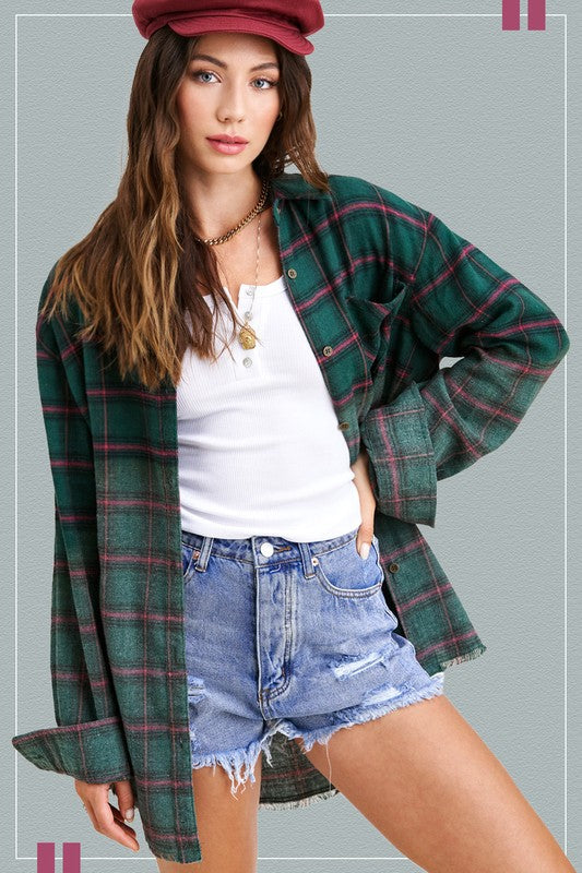 Women's Oversized Plaid Long Sleeve Button-Up Shirt