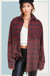 Women's Oversized Plaid Long Sleeve Button-Up Shirt