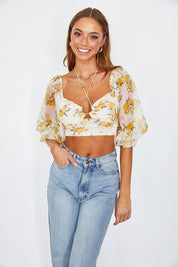 Women's Chic Floral Chiffon Balloon Sleeved Bustier Crop Top