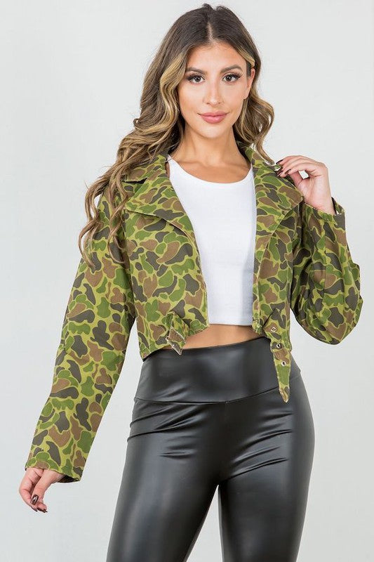 Women's Cropped Camouflage Denim Jacket with Belt