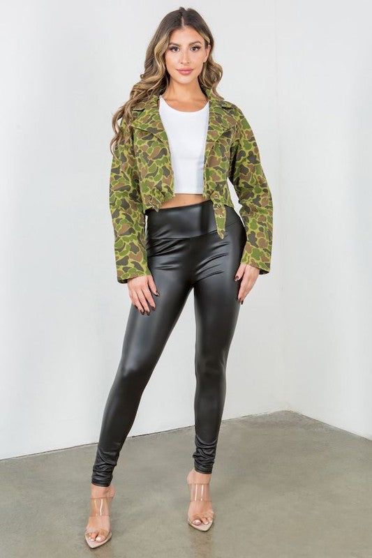 Women's Cropped Camouflage Denim Jacket with Belt