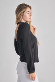 Women's Backless Cowl Twist Mock Neck Top with Long Sleeves