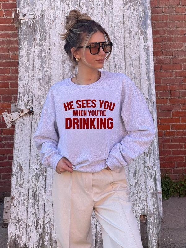 Men's Premium Crew Neck Sweatshirt - He Sees You When You're Drinking