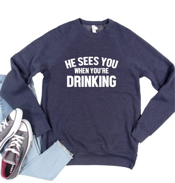 Men's Premium Crew Neck Sweatshirt - He Sees You When You're Drinking