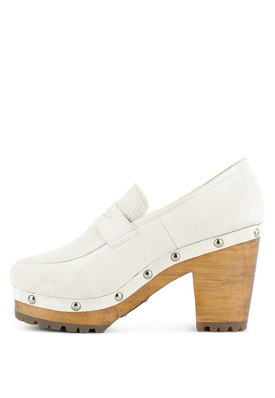 Women's Suede Block Heeled Loafers with Stud Detail