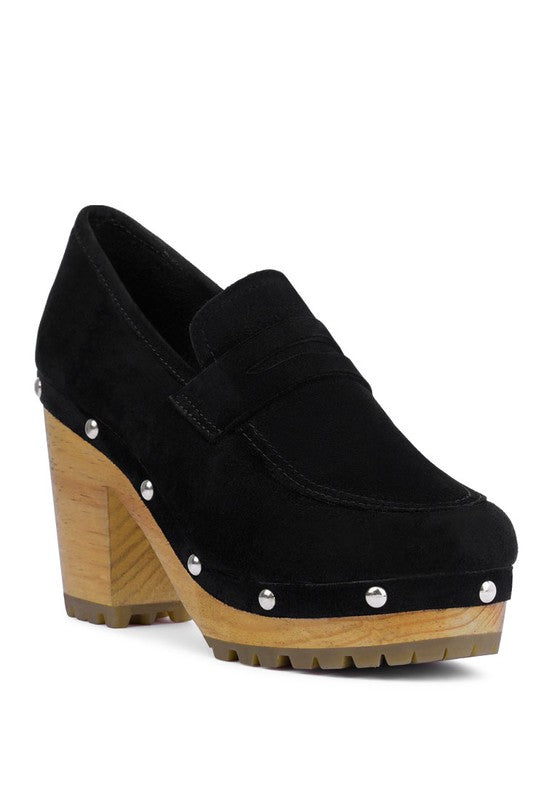 Women's Suede Block Heeled Loafers with Stud Detail