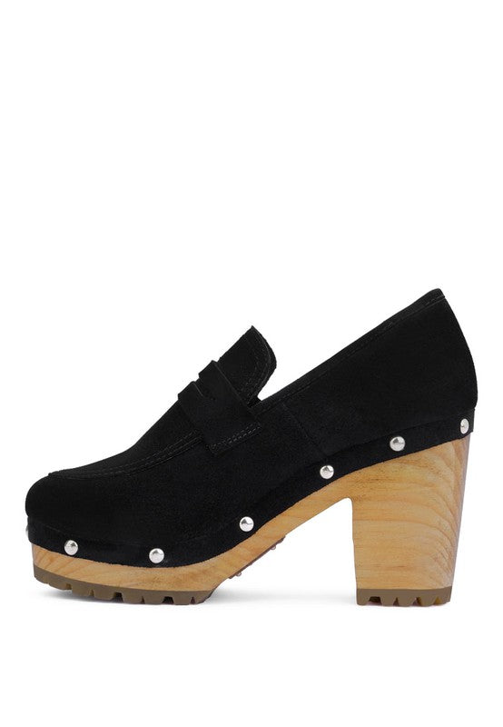 Women's Suede Block Heeled Loafers with Stud Detail