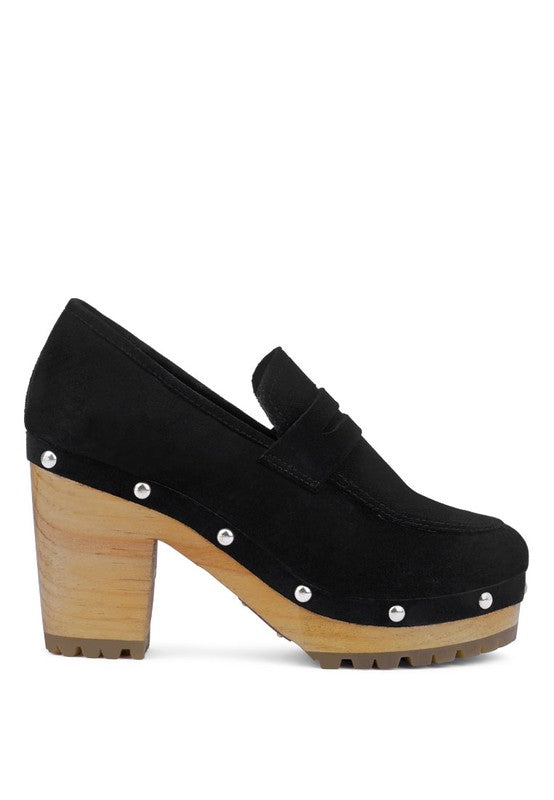 Women's Suede Block Heeled Loafers with Stud Detail