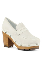 Women's Suede Block Heeled Loafers with Stud Detail