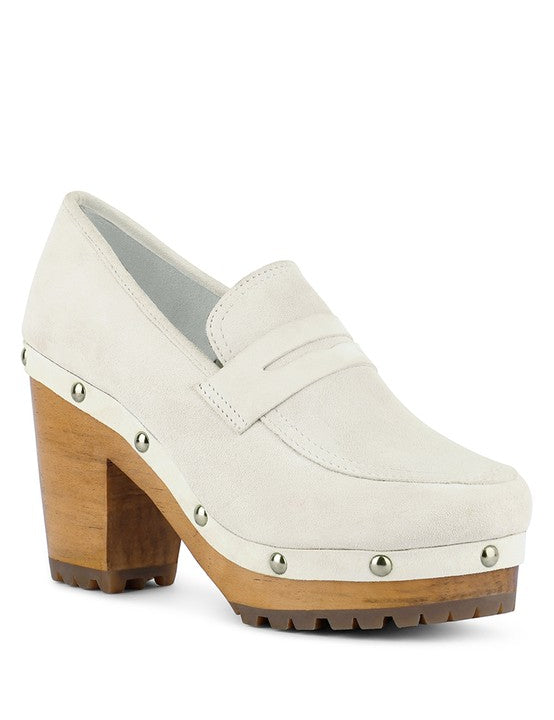 Women's Suede Block Heeled Loafers with Stud Detail