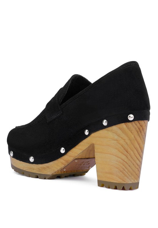 Women's Suede Block Heeled Loafers with Stud Detail