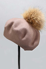 Women's Cashmere Blend Beret with Detachable Raccoon Fur Pom