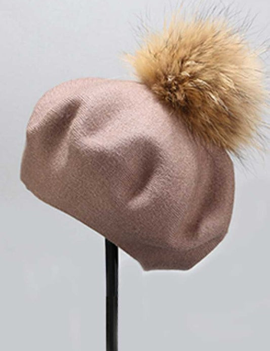 Women's Cashmere Blend Beret with Detachable Raccoon Fur Pom