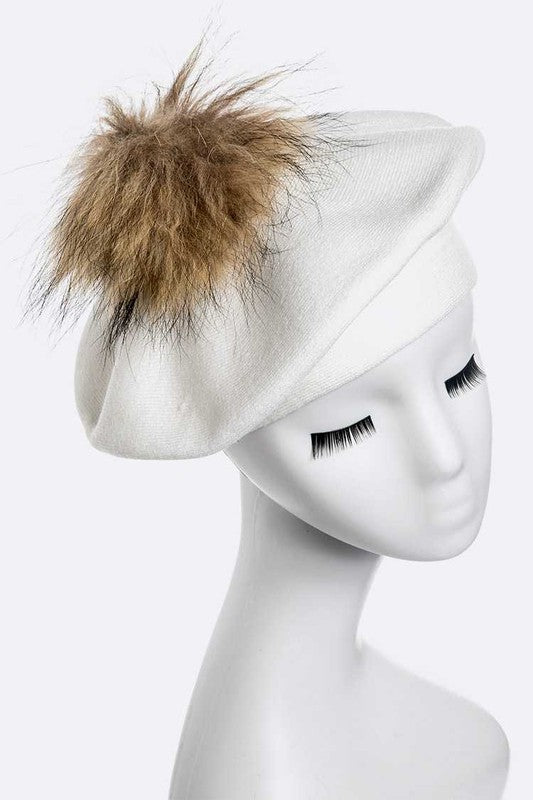 Women's Cashmere Blend Beret with Detachable Raccoon Fur Pom