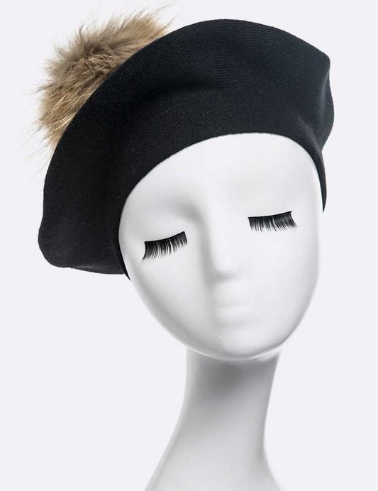 Women's Cashmere Blend Beret with Detachable Raccoon Fur Pom