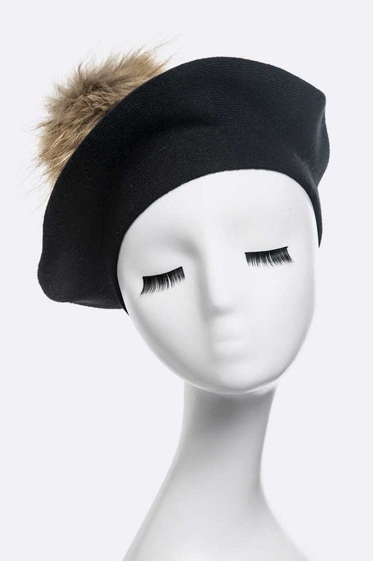 Women's Cashmere Blend Beret with Detachable Raccoon Fur Pom