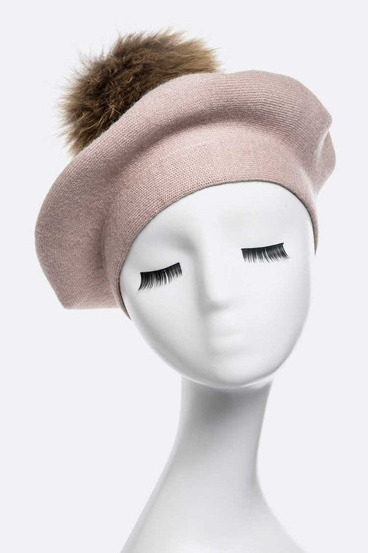 Women's Cashmere Blend Beret with Detachable Raccoon Fur Pom