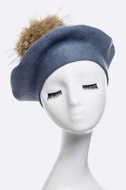 Women's Cashmere Blend Beret with Detachable Raccoon Fur Pom