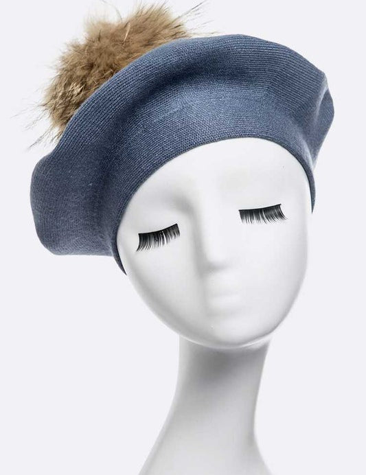 Women's Cashmere Blend Beret with Detachable Raccoon Fur Pom