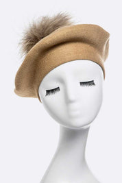 Women's Cashmere Blend Beret with Detachable Raccoon Fur Pom