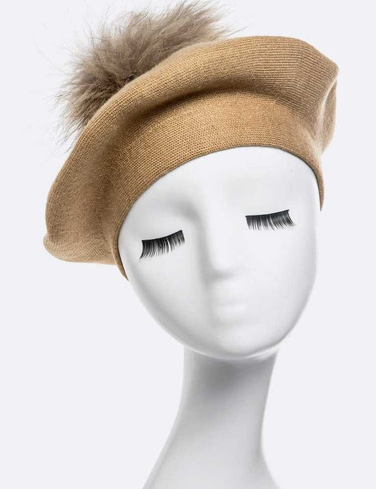 Women's Cashmere Blend Beret with Detachable Raccoon Fur Pom