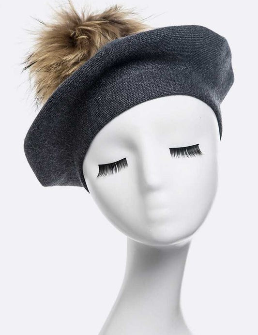 Women's Cashmere Blend Beret with Detachable Raccoon Fur Pom