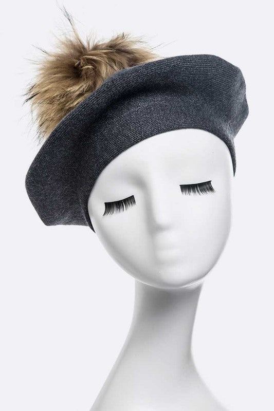 Women's Cashmere Blend Beret with Detachable Raccoon Fur Pom