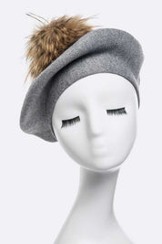 Women's Cashmere Blend Beret with Detachable Raccoon Fur Pom