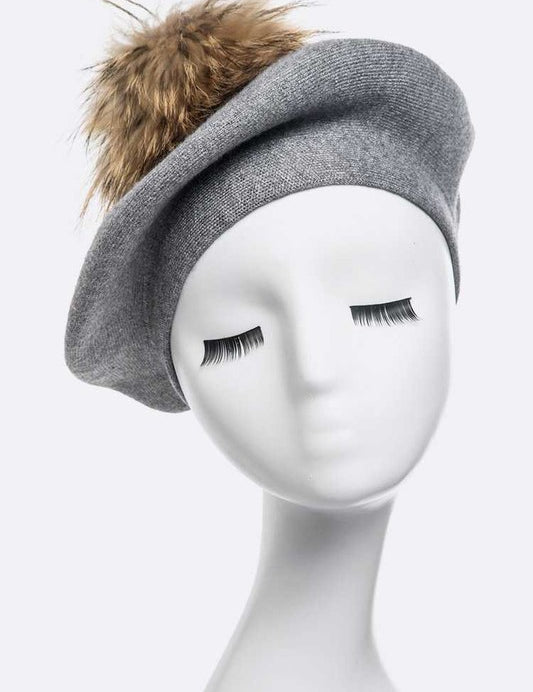 Women's Cashmere Blend Beret with Detachable Raccoon Fur Pom